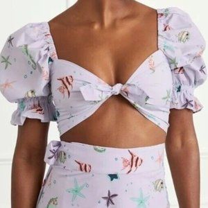 Hill House Women's Size S The Isabella Top Sea Creatures Tie Front Smocked Back